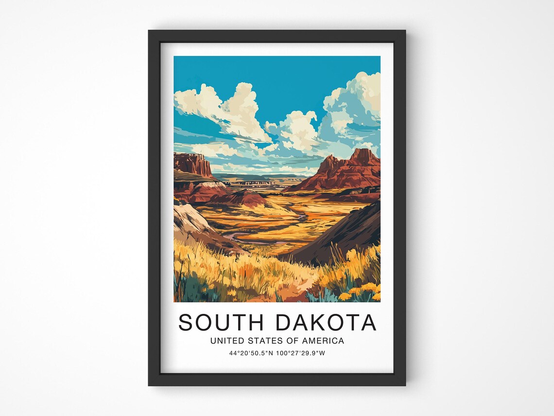 South Dakota USA Travel Poster Golden Prairie Red Buttes Road Art