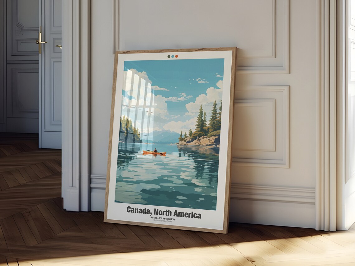 Canada Kayak Lake Pine Islands Mountains Calm Water Travel Poster - Image 2