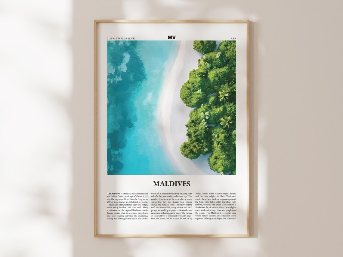 Maldives Tropical Island Travel Poster Aerial Beach Illustration Art
