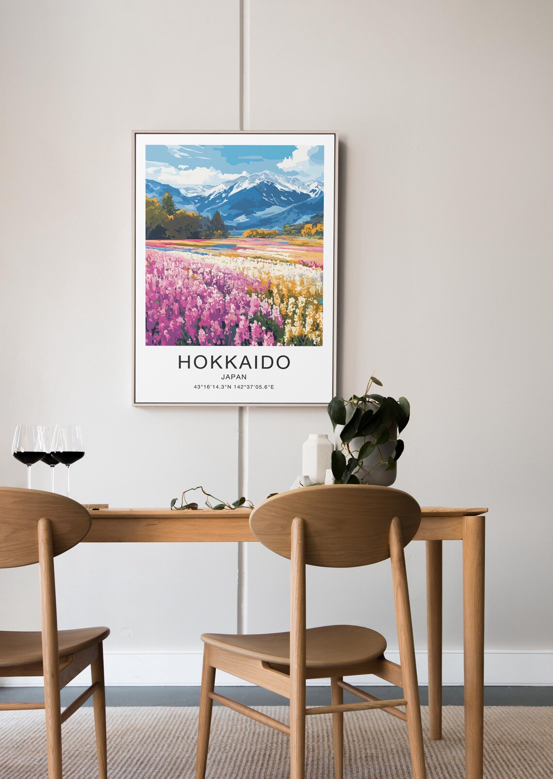 Hokkaido Japan Travel Poster Pink Flower Fields Snow Mountains Art - Image 2