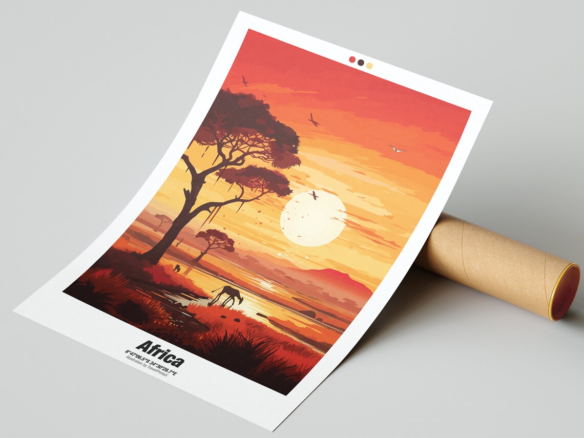 Africa Safari Sunset Elephant Waterhole Acacia Savanna Travel Poster - Image 2