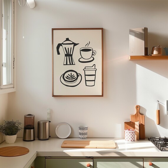 Black Line Art Coffee Icons Moka Pot Cups Minimalist Kitchen Poster