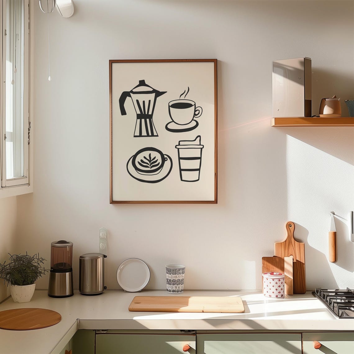 Black Line Art Coffee Icons Moka Pot Cups Minimalist Kitchen Poster
