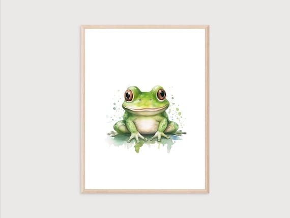 Cute Smiling Green Frog Watercolor Baby Animal Nursery Poster