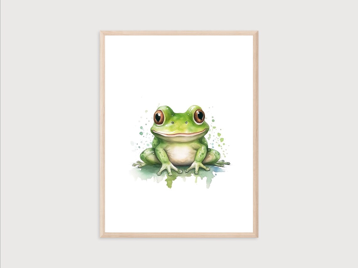 Cute Smiling Green Frog Watercolor Baby Animal Nursery Poster