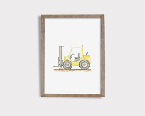 Yellow Forklift Watercolor Poster, Construction Nursery Wall Decor