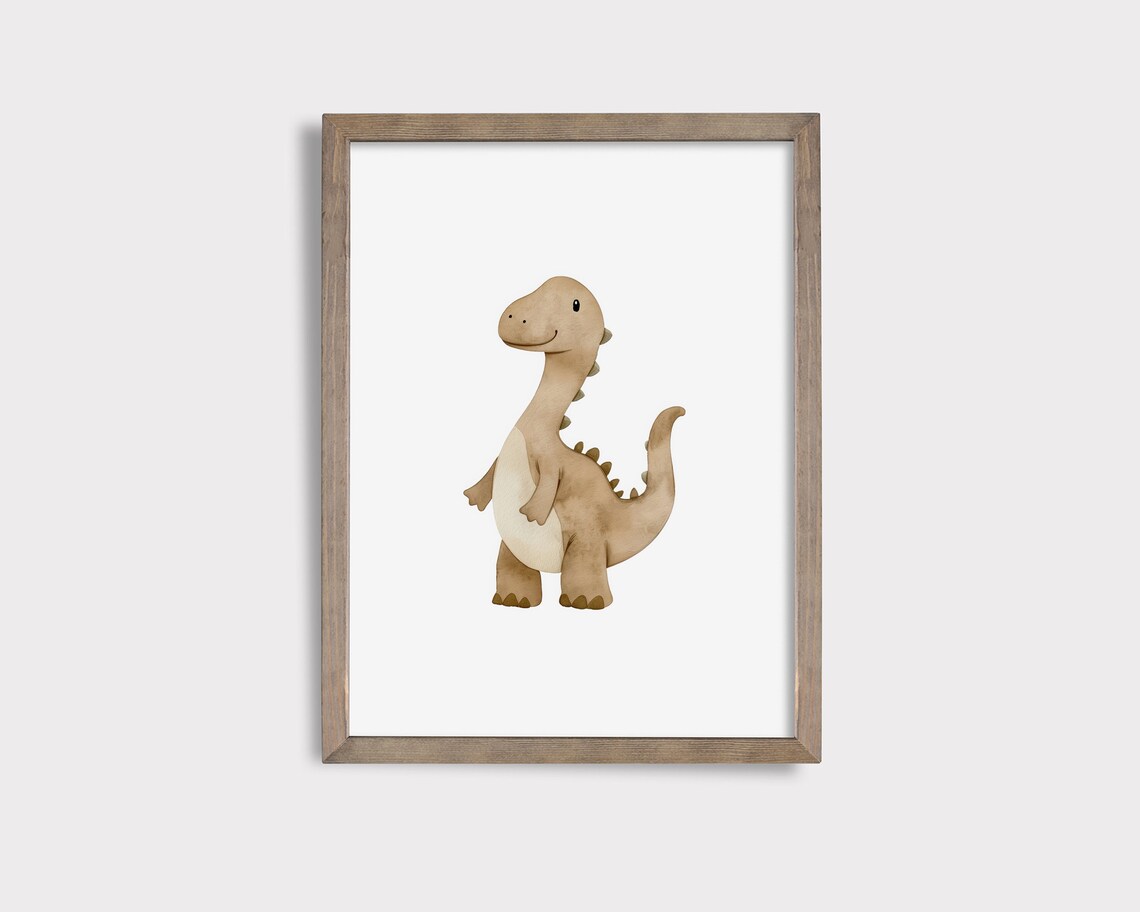 Cute Tan Baby Long Neck Dinosaur Watercolor Nursery Decor Poster