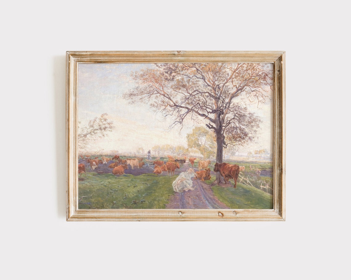 Vintage Cows Grazing Under Oak Tree Rustic Farm Landscape Poster