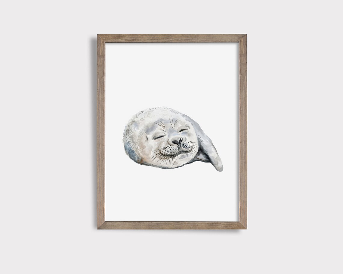 Sleeping Baby Seal Watercolor Cute Arctic Animal Nursery Wall Poster