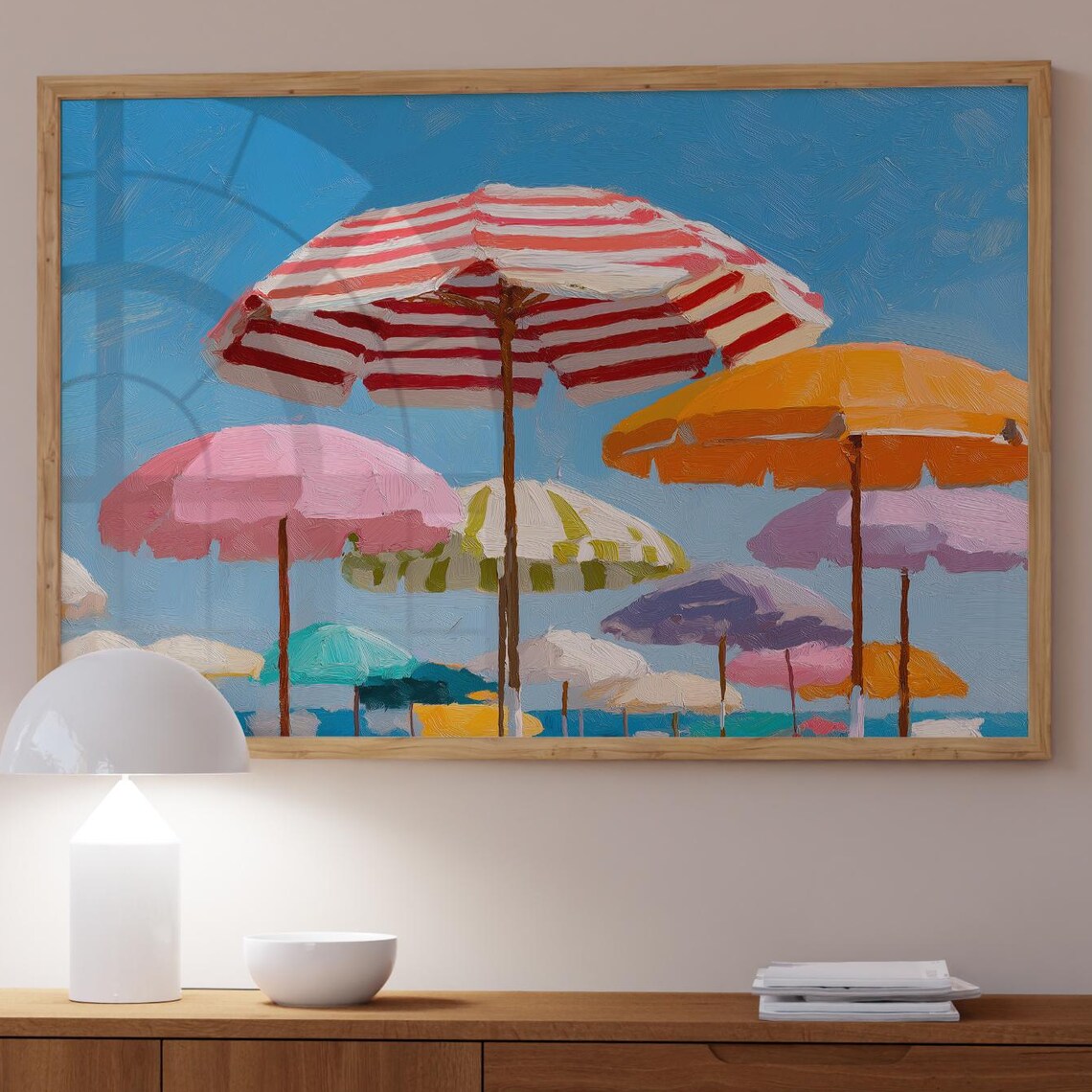 Colorful Striped Beach Umbrellas Summer Impressionist Coastal Art Poster