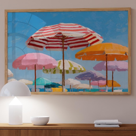 Colorful Striped Beach Umbrellas Summer Impressionist Coastal Art Poster