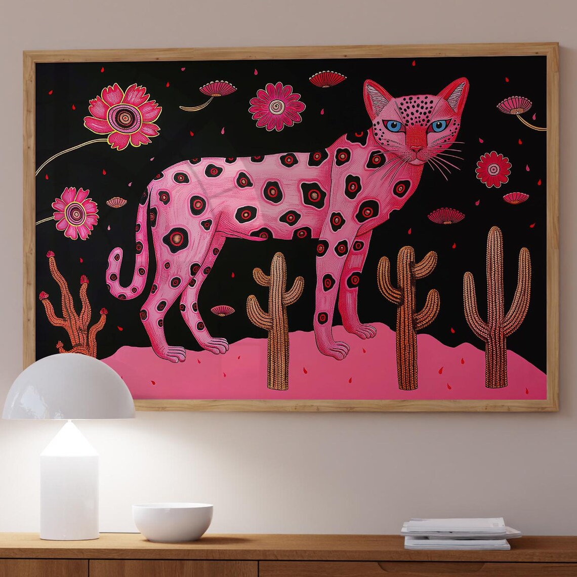 Hot Pink Leopard Desert Cacti Psychedelic Pop Art Animal Poster