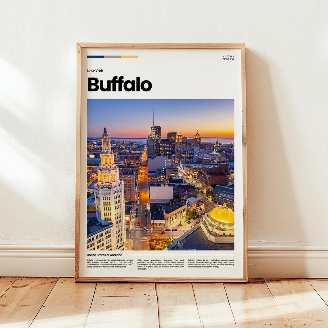 Buffalo New York Sunset Downtown Aerial Skyline Travel Poster