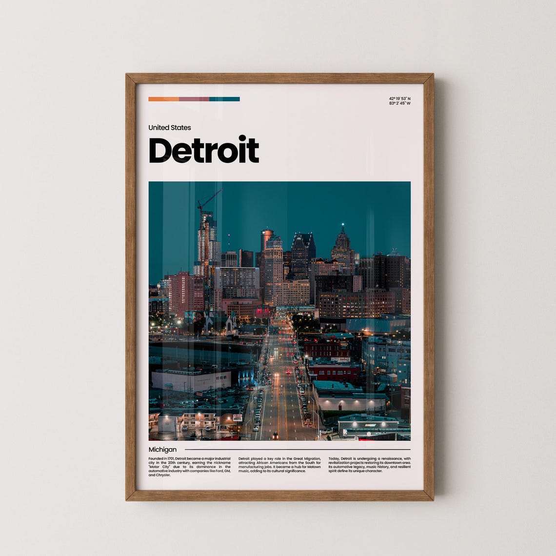 Detroit Night Skyline Downtown Michigan Motor City Travel Poster