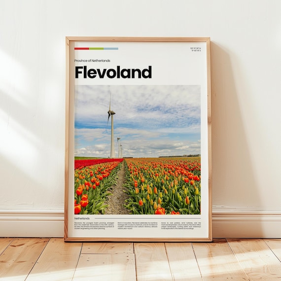Flevoland Netherlands Red Tulip Fields Wind Turbines Travel Poster