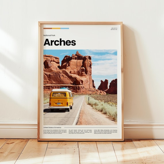 Arches National Park Vintage Van Red Rock Road Trip Travel Poster