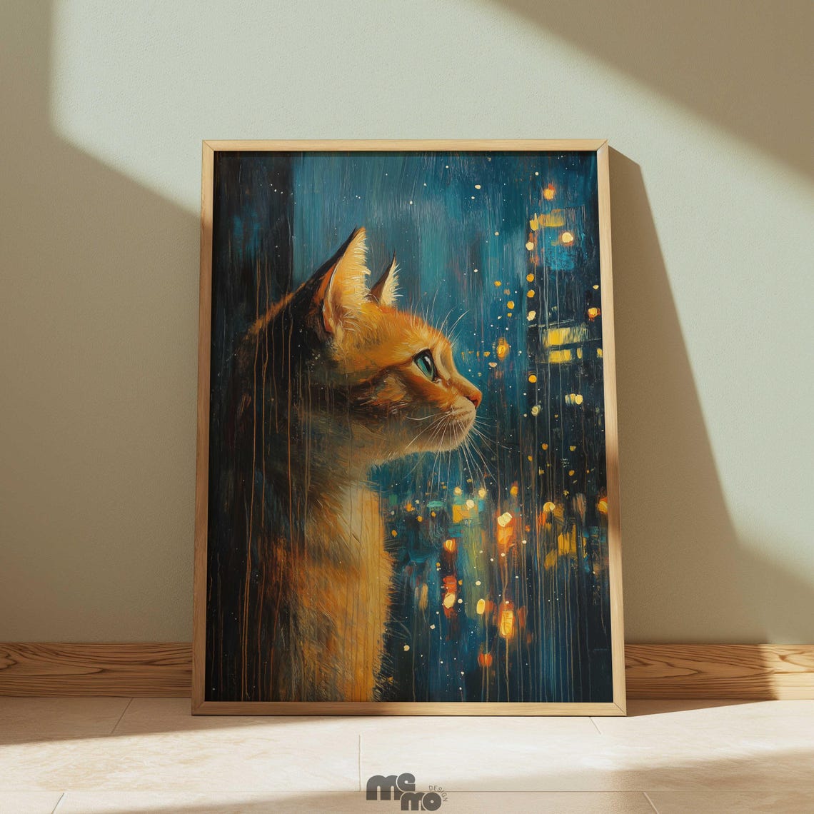 Orange Tabby Cat Watching City Lights on Rainy Night Wall Art