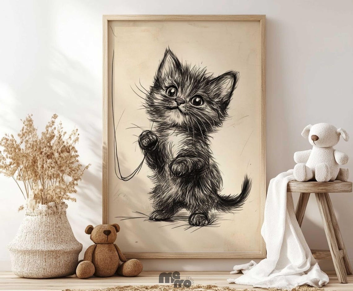 Cute Kitten - Playful Maine Coon Sketch, Nursery Decor