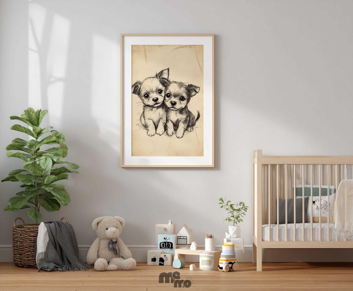 Twin Puppies Sketch, Boho Nursery Pet Decor - Image 4