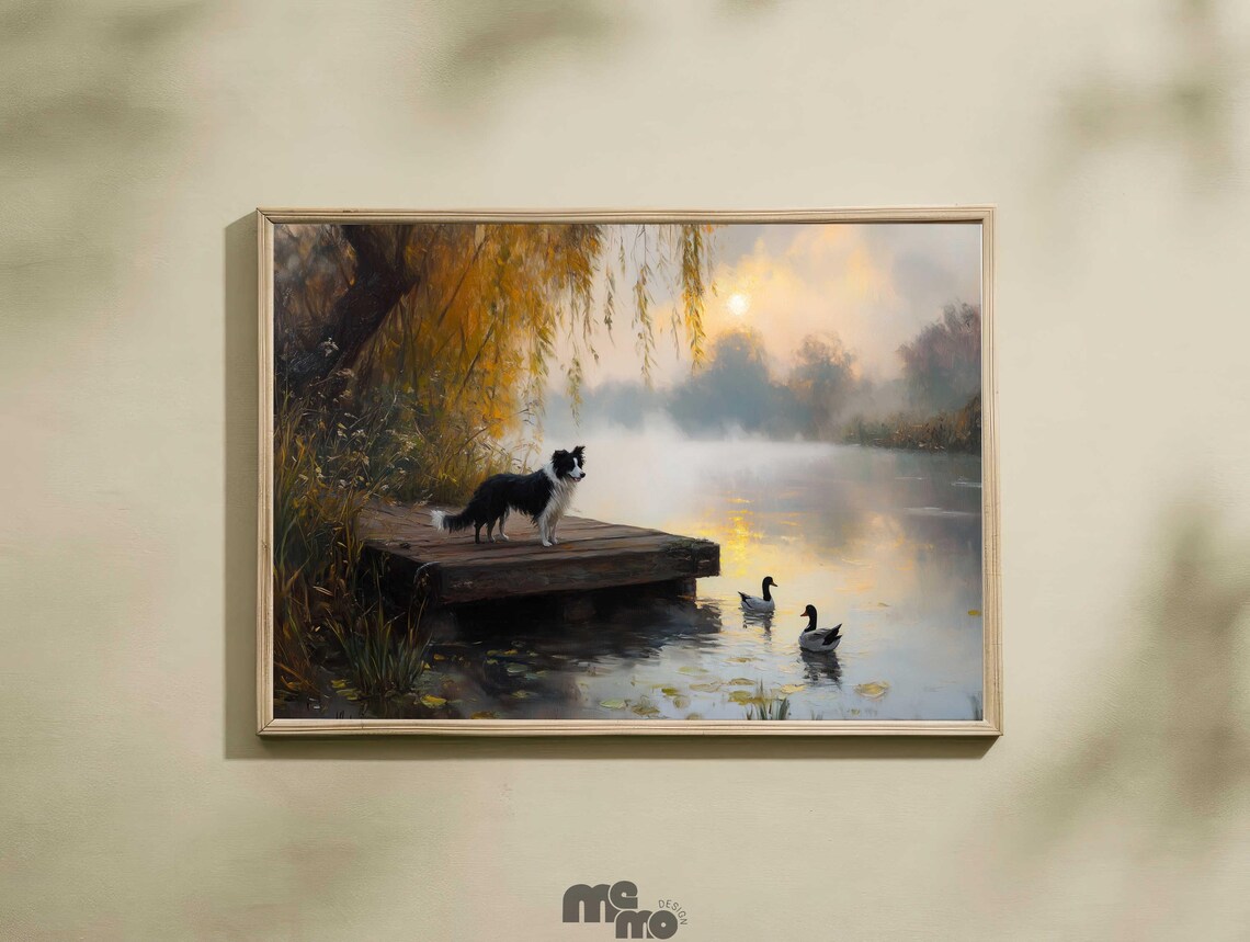 Border Collie Lake Sunrise Art Print, Rustic Dog Landscape