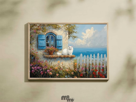 White Cat on a Seaside Cottage Window With Blue Shutters Coastal Poster