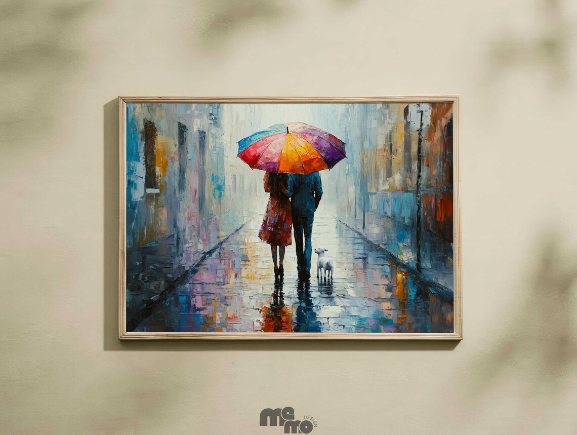 Couple Under Rainbow Umbrella On Rainy Street Oil Painting Poster
