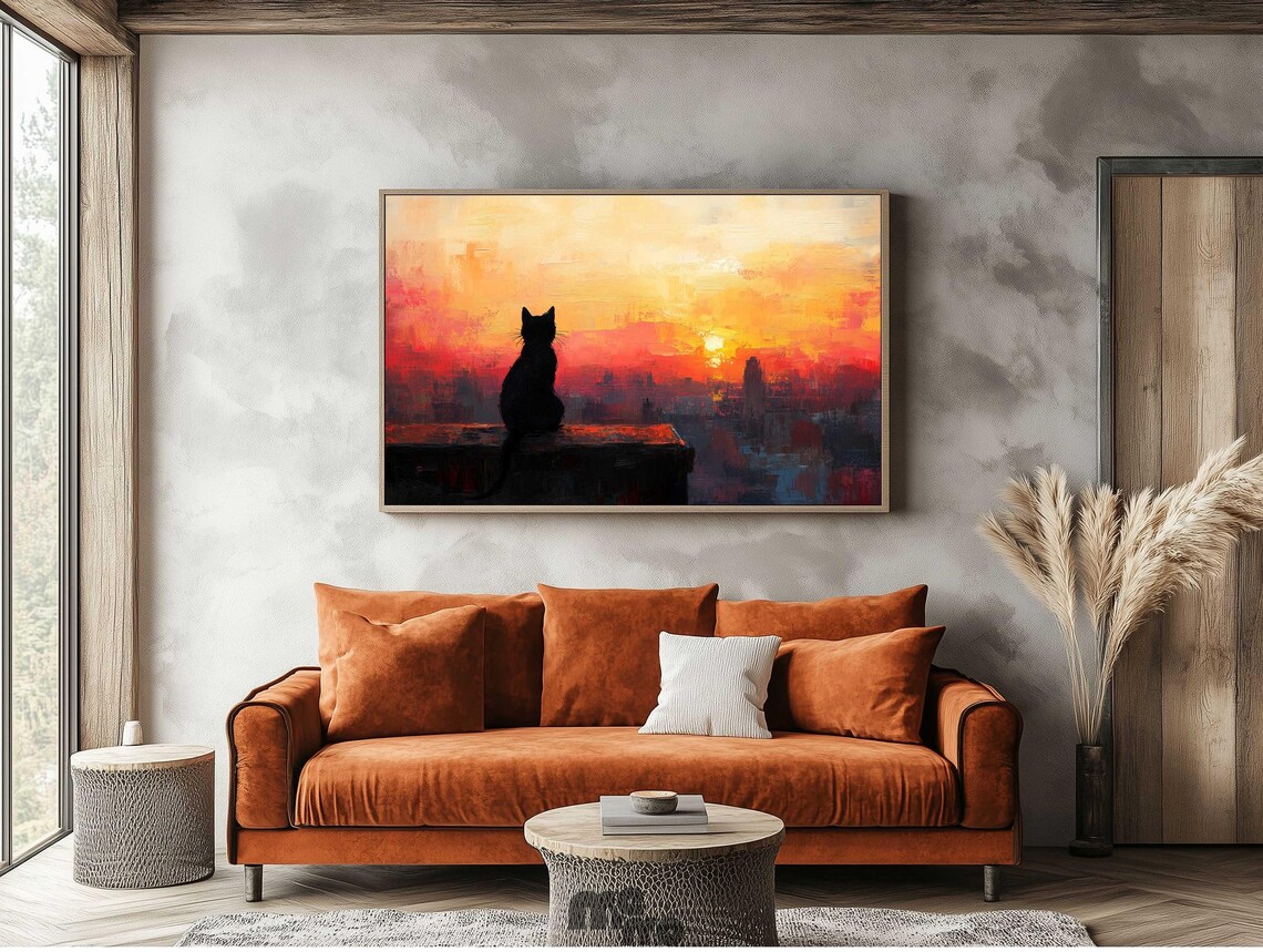 Black Cat Watching Sunset, Rustic Cozy Home Decor - Image 2