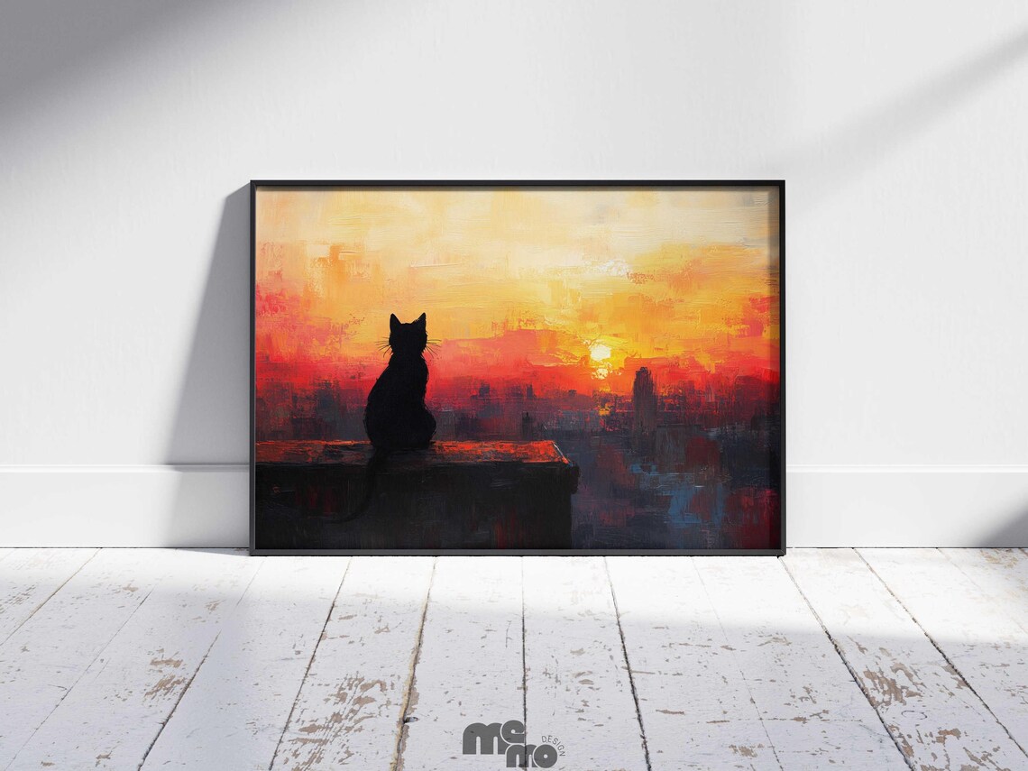 Black Cat Watching Sunset, Rustic Cozy Home Decor - Image 4