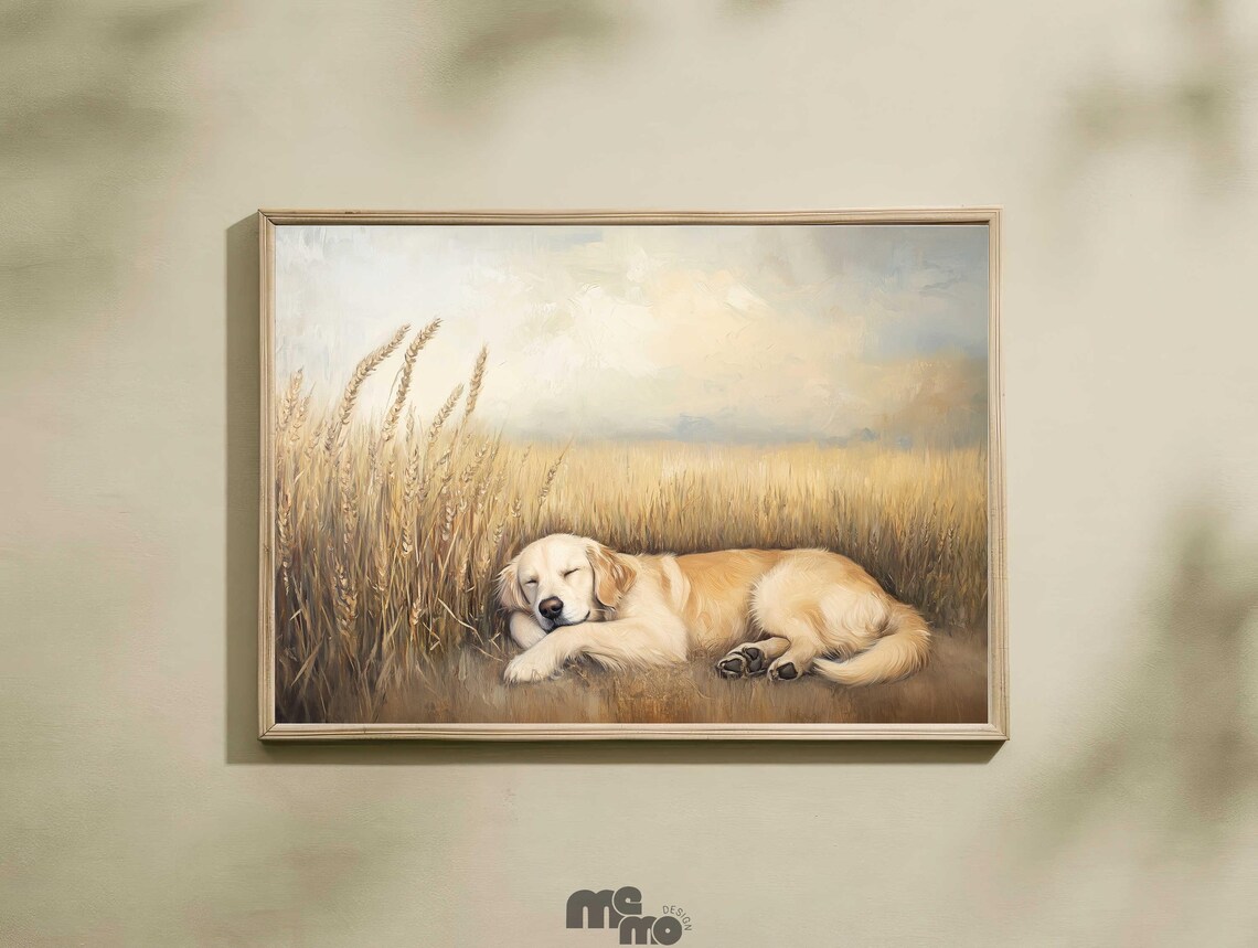 Sleeping Golden Retriever Wheat Field Oil Painting Art Print