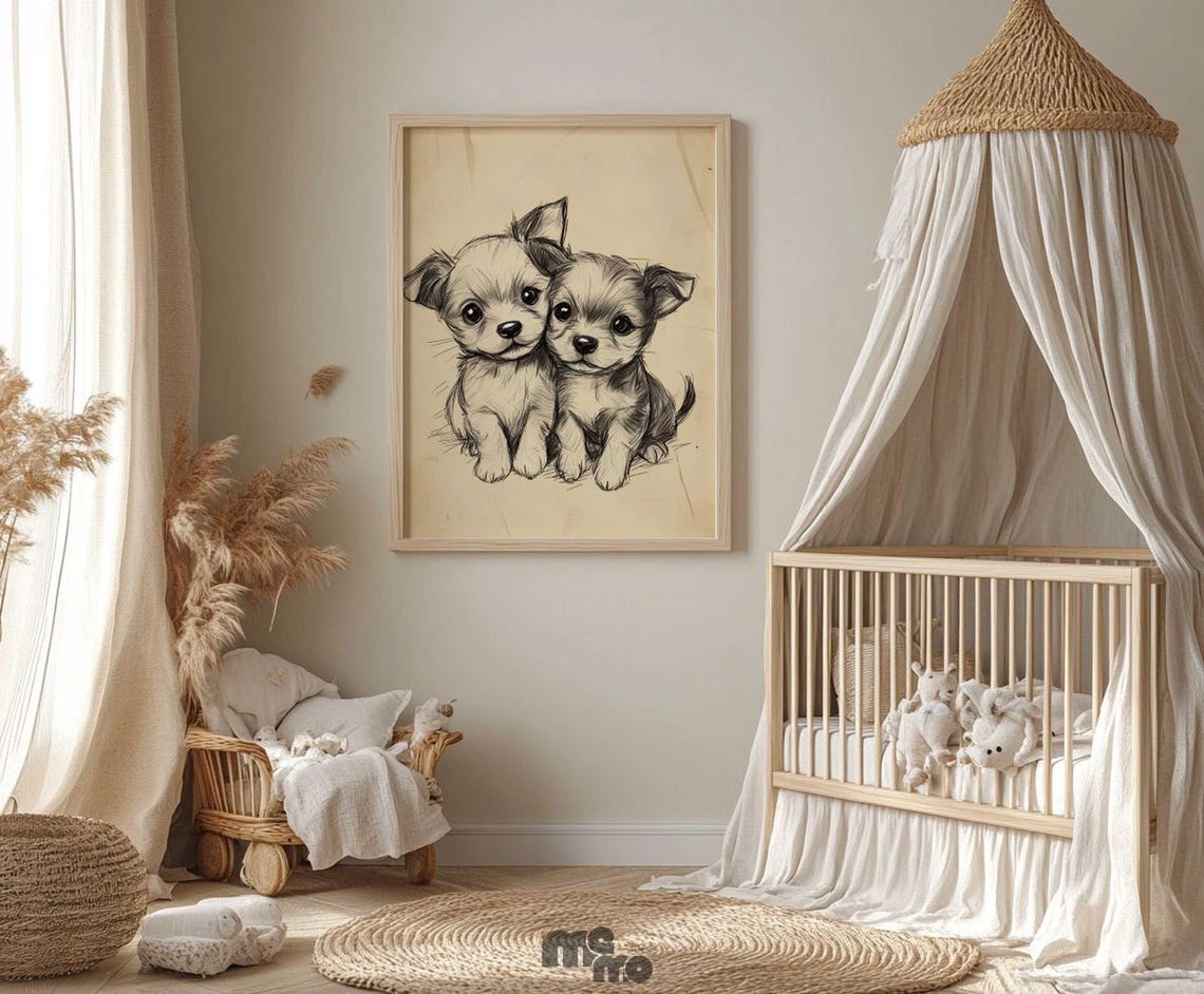 Twin Puppies Sketch, Boho Nursery Pet Decor - Image 6