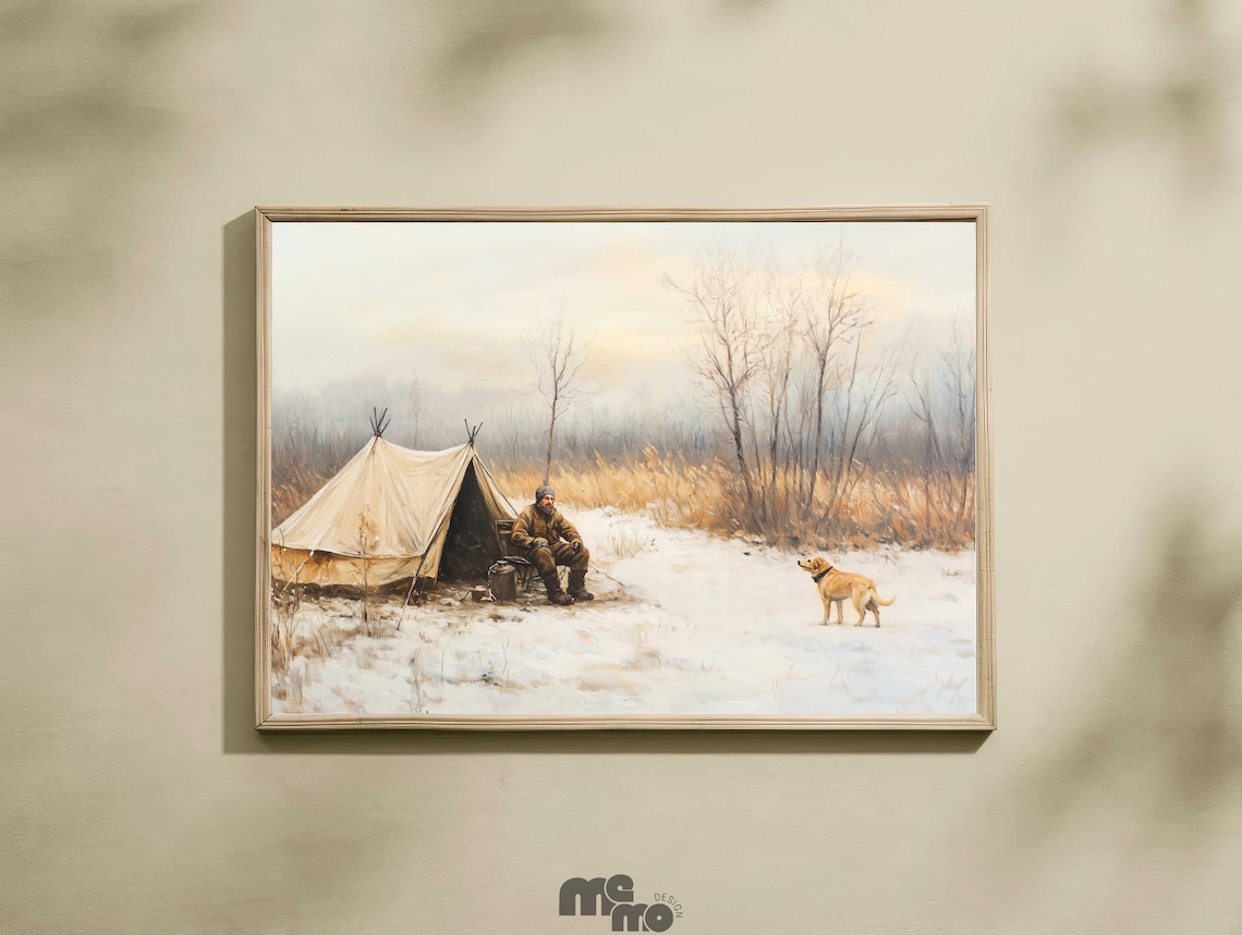 Winter Camping Tent Snowy Wilderness Camp Dog Rustic Art Print