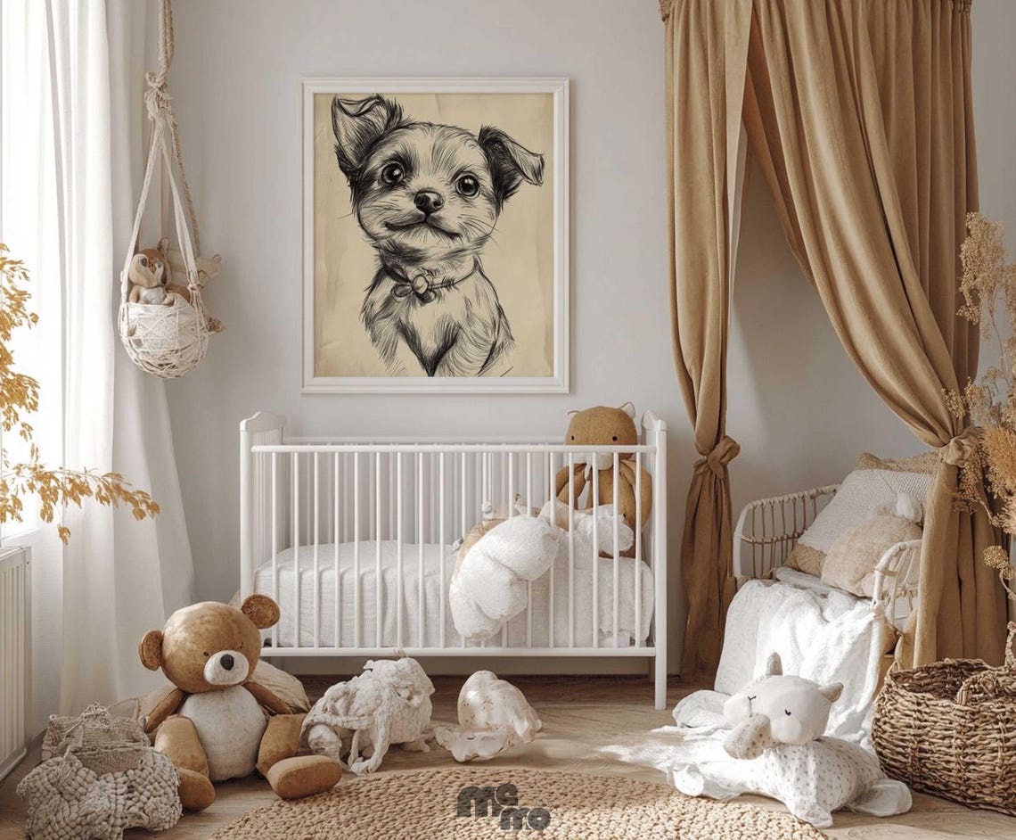 Sweet Puppy Sketch Boho Nursery Decor Art Print - Image 3