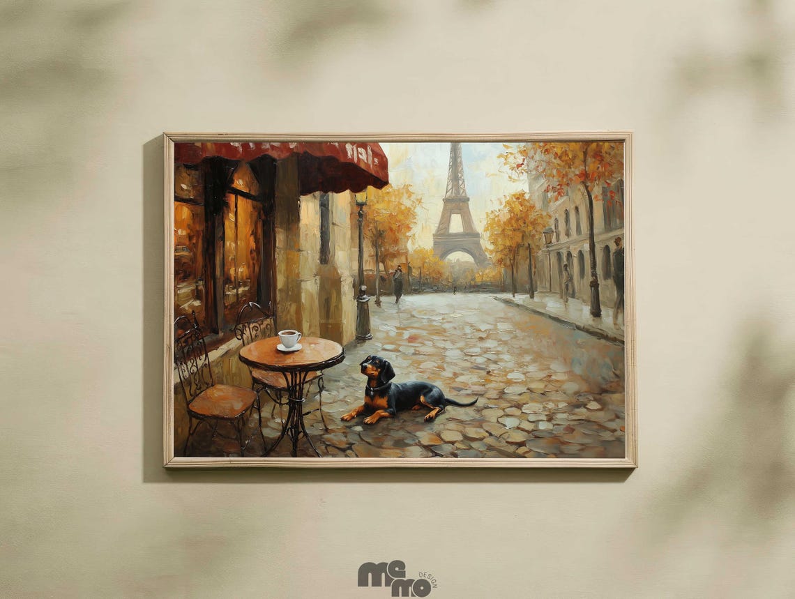 Dachshund Paris Cafe Eiffel Tower Autumn Street Oil Art Poster