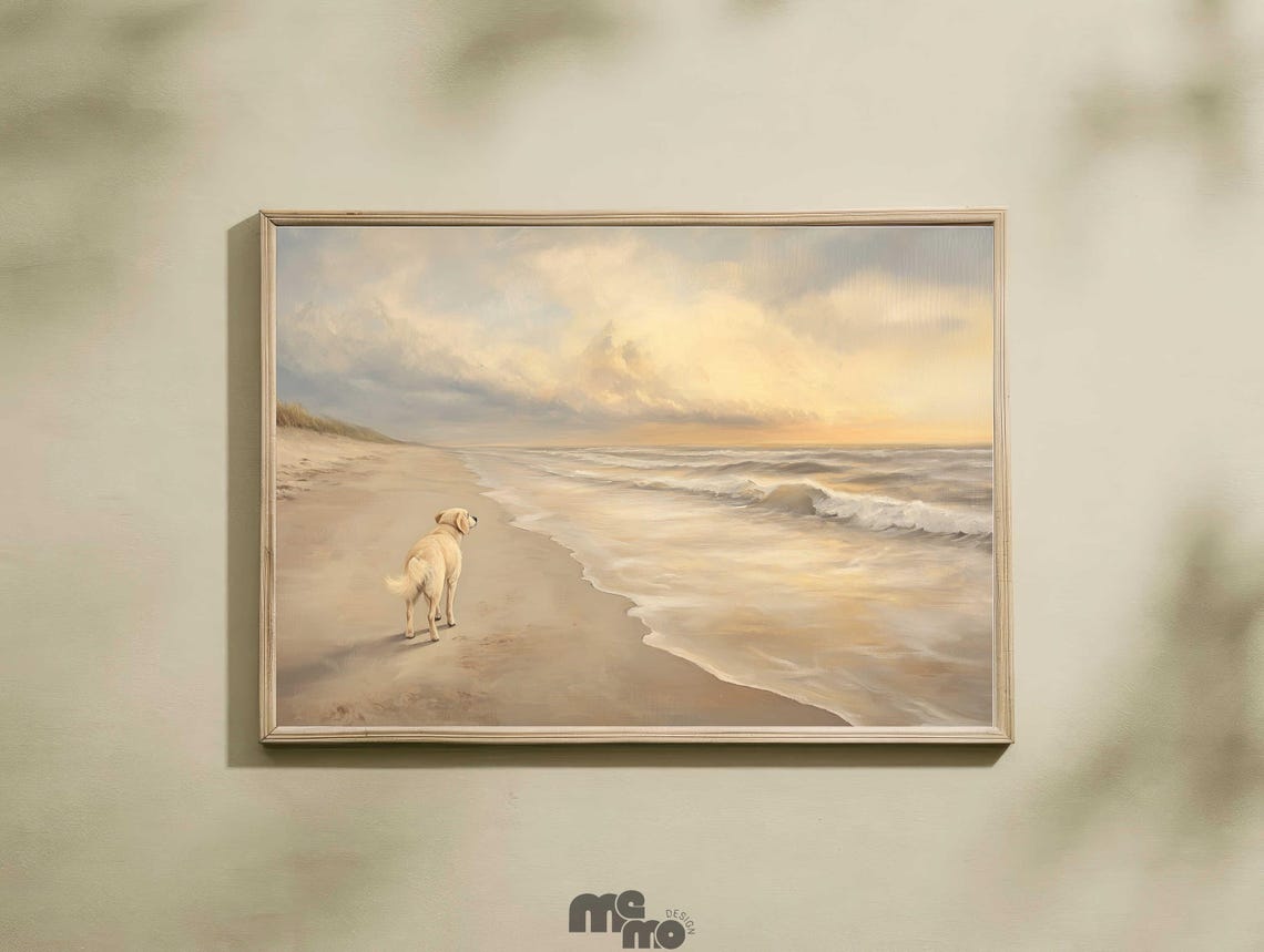 Golden Retriever Beach Sunset Painting Coastal Dog Walk Art Poster