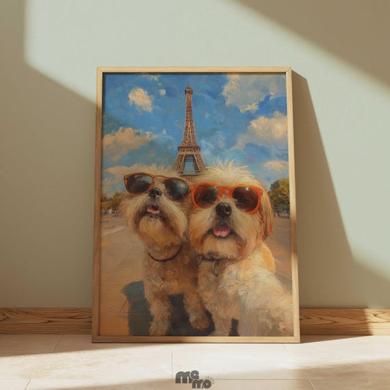 Eiffel Tower Dog Wall Art Funny Shih Tzu Selfie In Paris Oil Painting Cute Gift For Lovers Home Decor