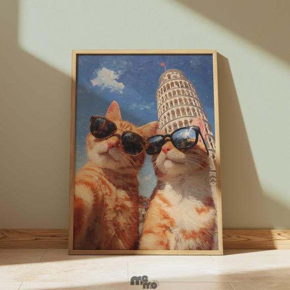 Orange Tabby Cat Leaning Tower Of Pisa Wall Art Funny Selfie Travel Italy Oil Painting Home Decor For Lover Gift