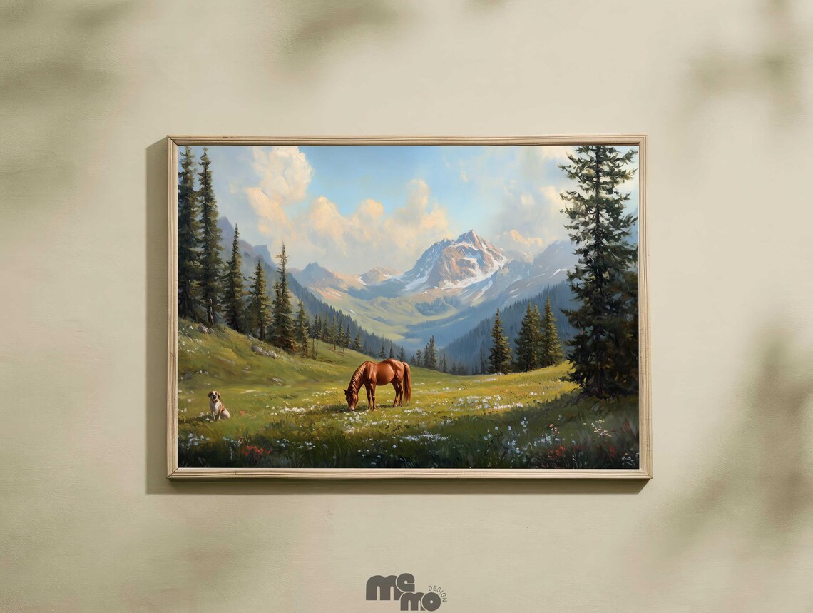 Mountain Meadow Horse Dog Art Print, Rustic Nature Scene