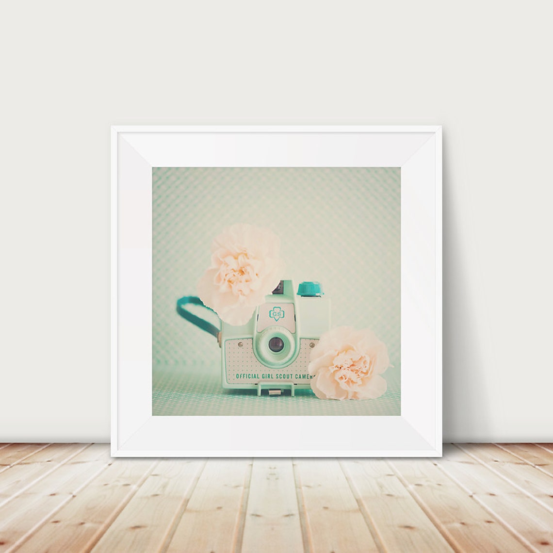 Mint Green Camera Print Peach Carnations Girl Scout