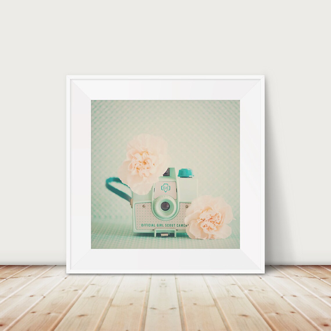 Mint Green Vintage Girl Scout Camera Carnation Flower Photo Poster