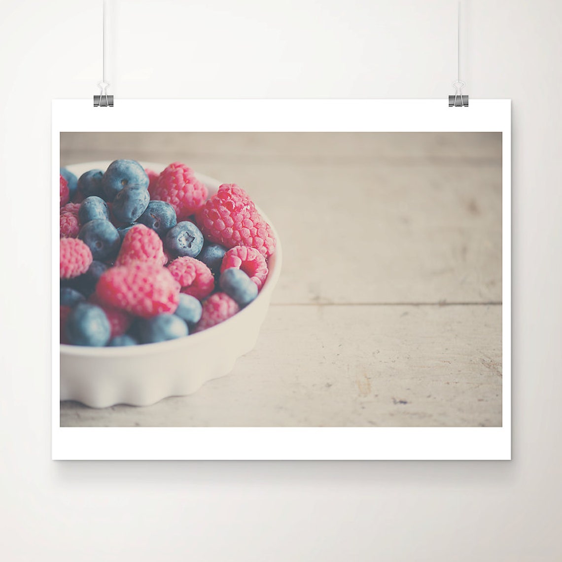 Raspberry Blueberry Bowl Rustic White Kitchen Photography Print