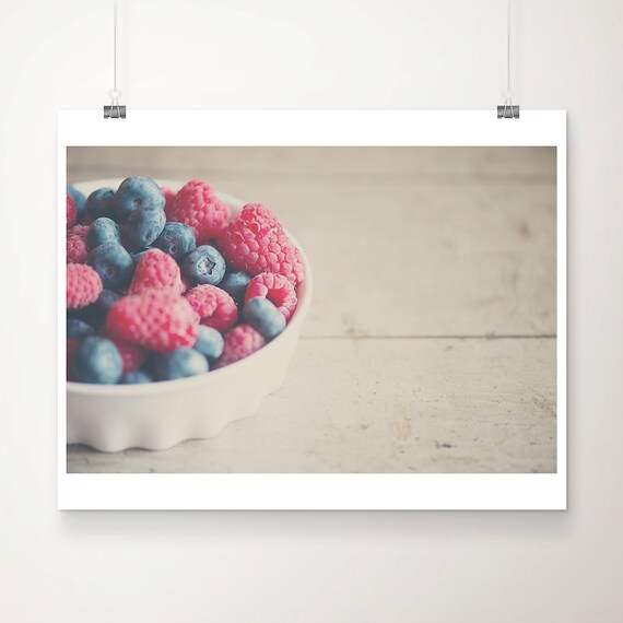 Raspberry Blueberry Bowl Rustic White Kitchen Photography Print