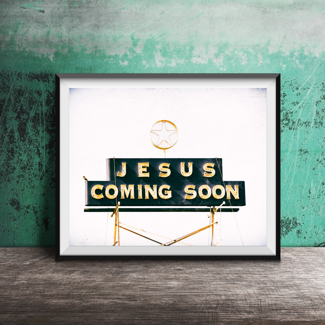 Jesus Coming Soon Vintage Neon Sign Gold Star Religious Art Poster