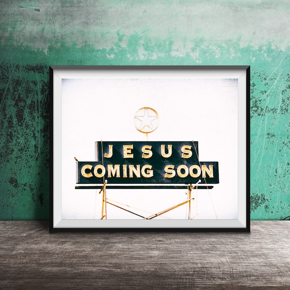 Jesus Coming Soon Vintage Neon Sign Gold Star Religious Art Poster