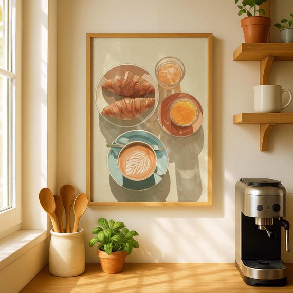 Coffee And Croissant Print Breakfast Wall Art