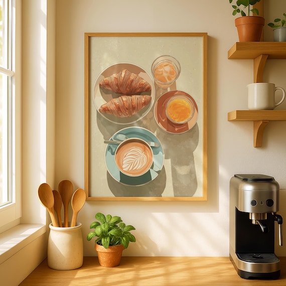 Coffee and Croissants Flat Lay Latte Art Cozy Breakfast Print