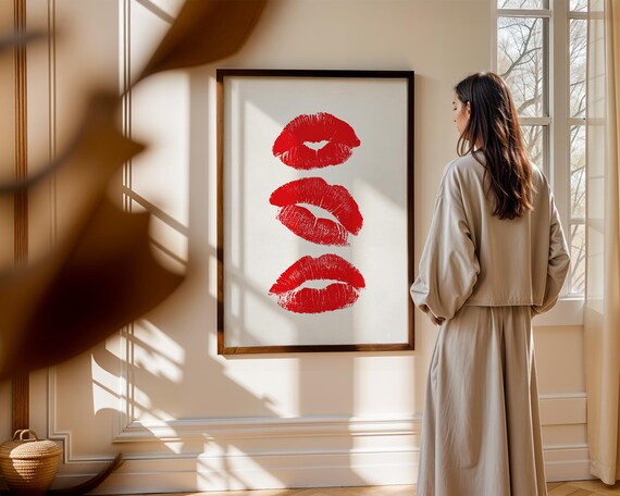 Red Lipstick Kiss Prints Minimalist Pop Art Bold Glam Wall Decor Poster