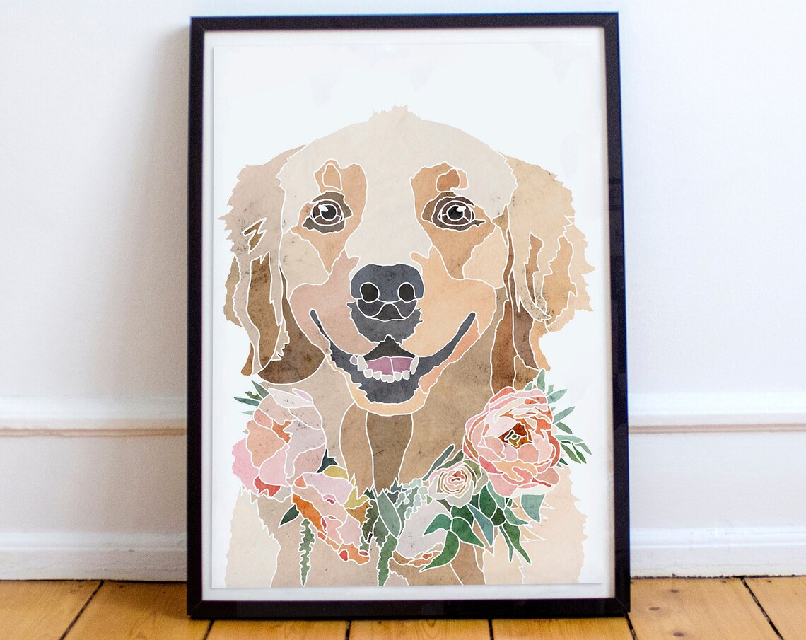 Golden Retriever Wearing Floral Wreath Watercolor Mosaic Dog Poster