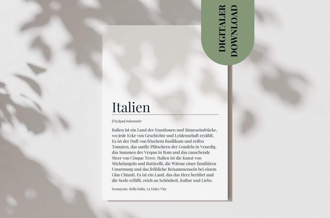 Italien German Dictionary Definition Italy Travel Love Art Poster
