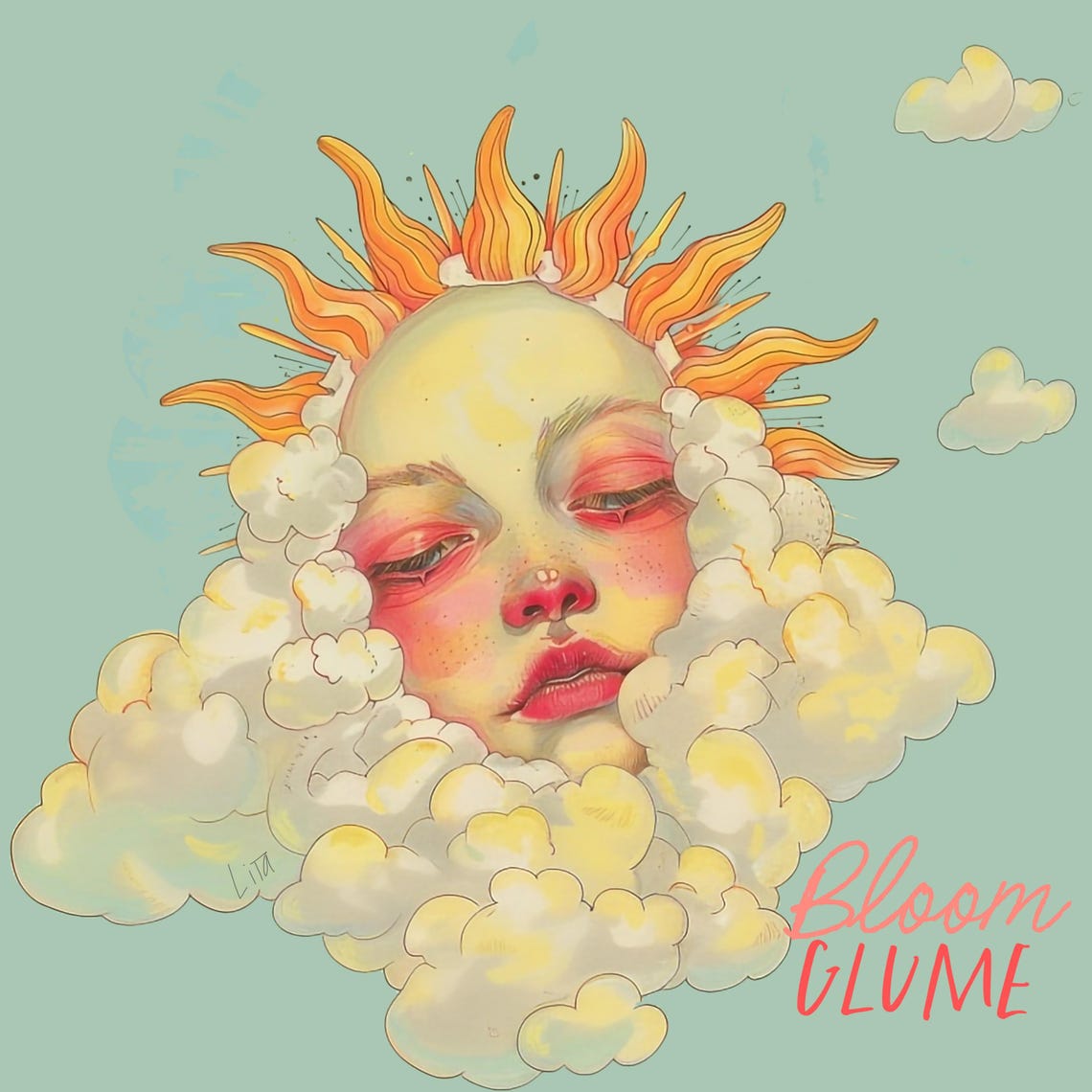 Sun Face Sleeping In Clouds Mint Background Celestial Art Print