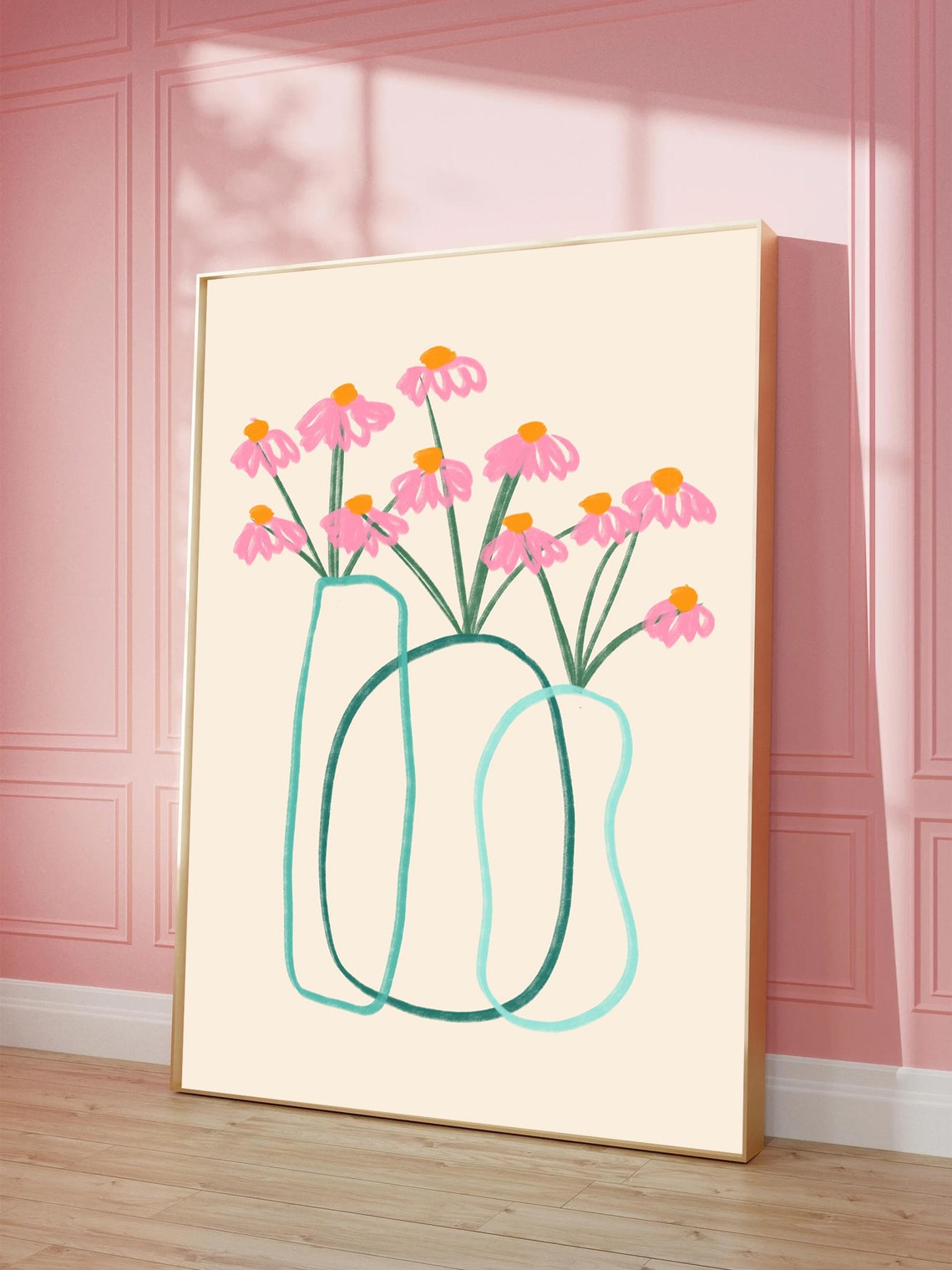 Playful Pink Daisy Floral Vase Botanical Maximalist Wall Print